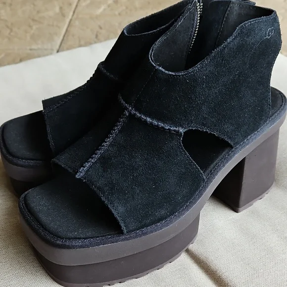 Ugg New Heights Platform Sandals Black Suede Zip Side, Sz: 10 NWT - Picture 1 of 9